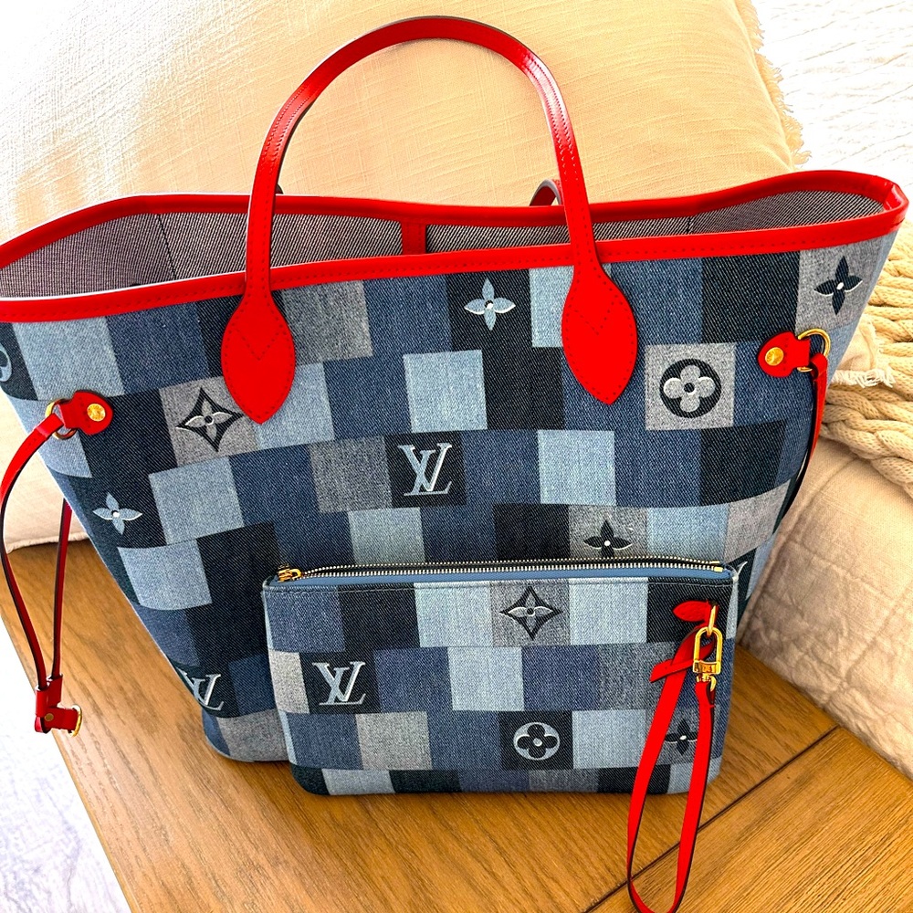 Louis Vuitton LV denim Neverfull with red.